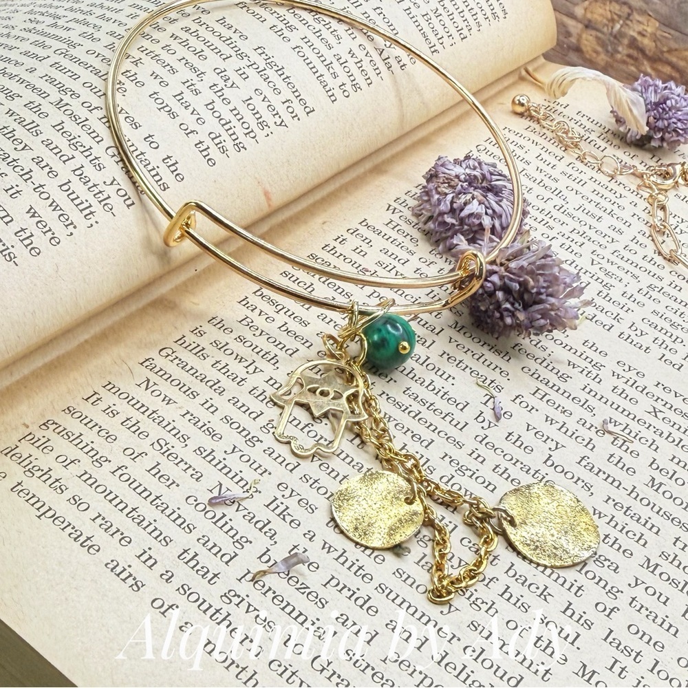 Chic boho Gold Bracelet with Green malachite coins and Hamsa Charms